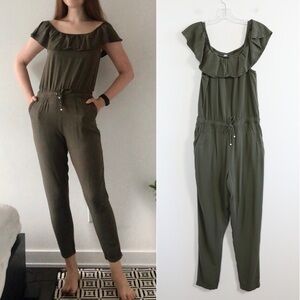 Army green khaki jumpsuit off the shoulder ruffle jogger style bottom earth tone